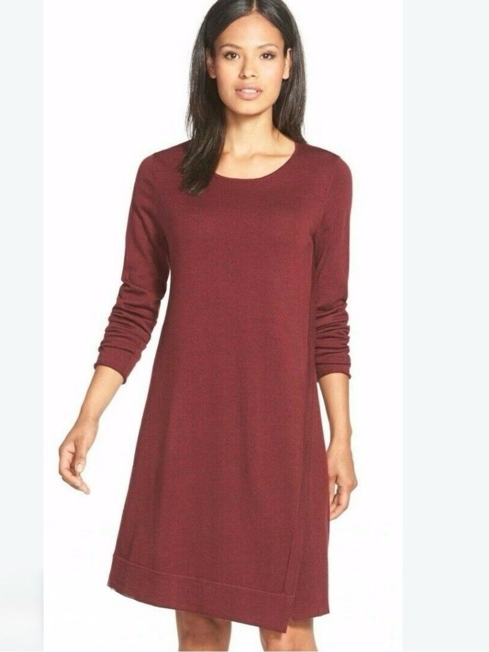 Eileen Fisher Merino Jersey Passion Flower Asymmetric Sweater Dress Burgundy PS